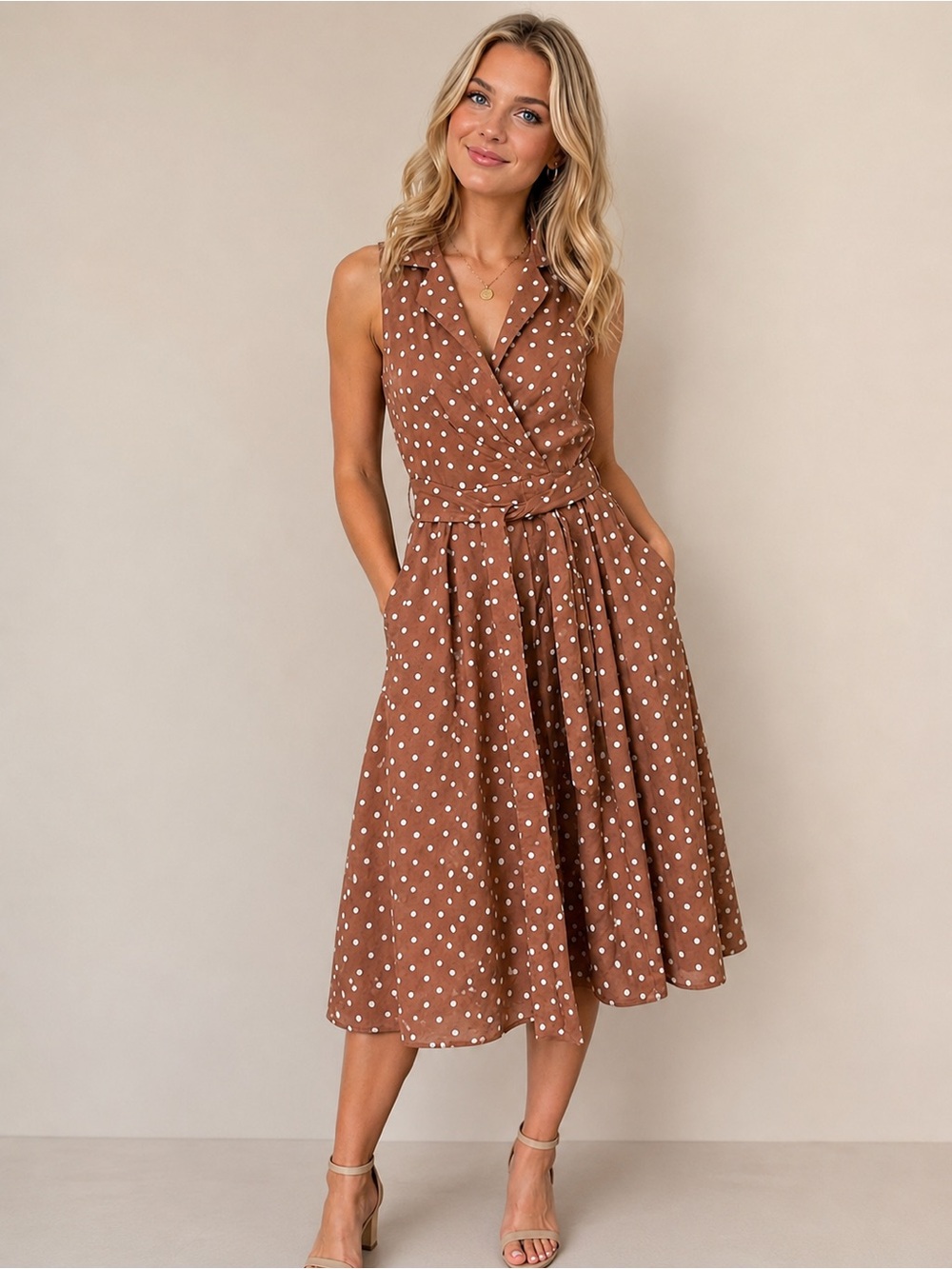 Jones Wear Brown and White Polka Dot Sleeveless Wrap Midi Dress